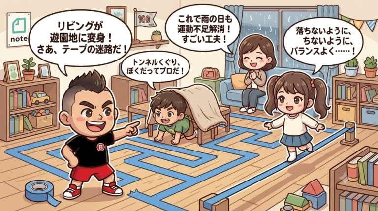 100均グッズ1つでリビングが遊園地化！雨や猛暑でも運動不足を爆発解消する『プロのおうち運動遊び』